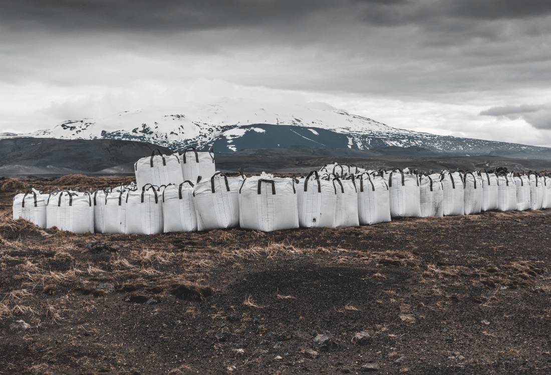 Recyclable bulk builders bags on a mountain range. 